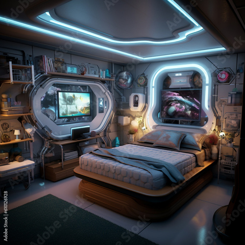 Interior of a futuristic room, overwhelmed by technology