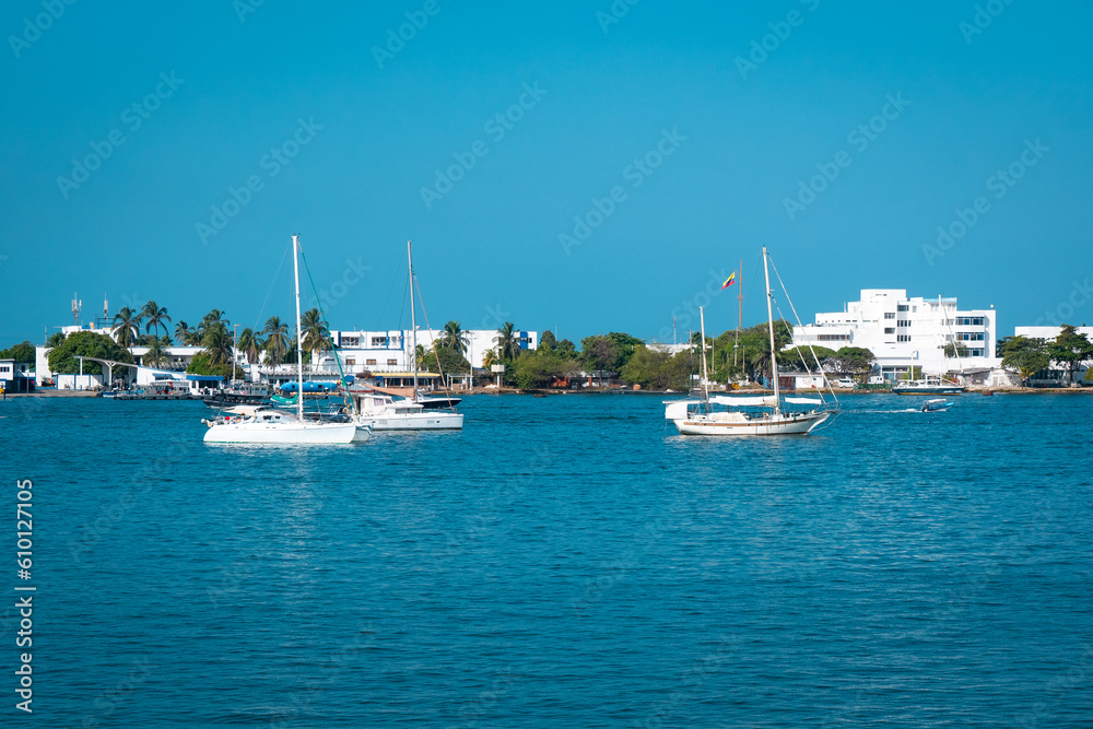 View of Yachts at Sea with a Background of Ports and Houses in Cartagena de Indias, Colombia