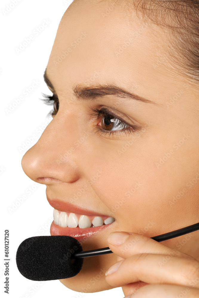 Friendly Woman Talking on Headset - Isolated Friendly Woman Talking on Headset - Isolated