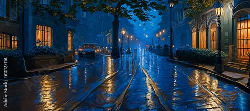 Night autumn street in a big old city after the rain. Generative AI  Generative  AI