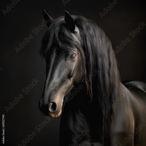 Portrait of black stallion Horse with long mane. Generative AI.