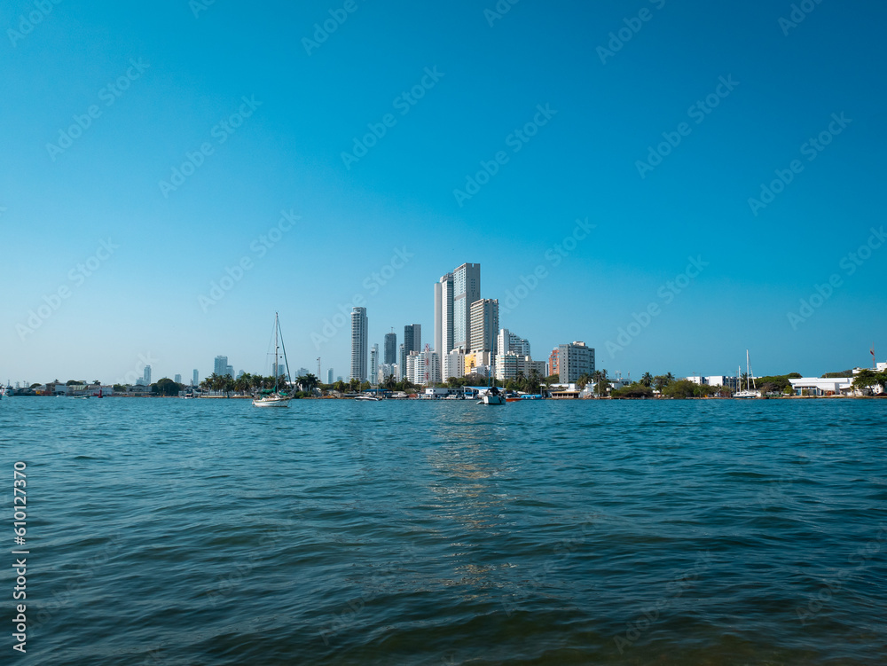 View of the Fishing Boats in the Sea with a Background of Buildings in Cartagena de Indias, Colombia
