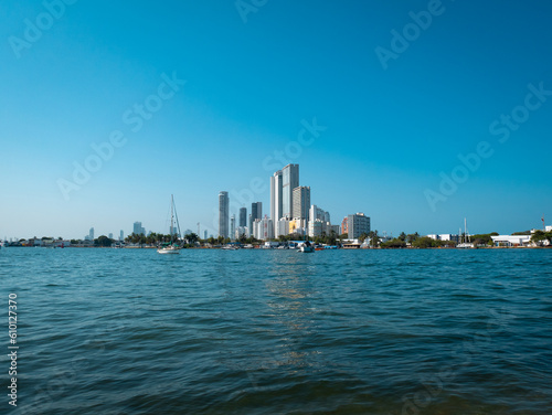 View of the Fishing Boats in the Sea with a Background of Buildings in Cartagena de Indias, Colombia
