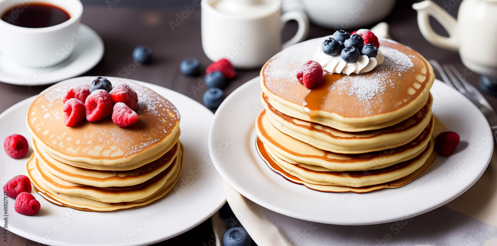 Homemade American pancakes with honey, caramel sauce or syrup with fresh blueberries, raspberries and strawberries on a plate on the table. Breakfast concept. Close-up, angled side view. Generative AI Homemade American pancakes with honey, caramel sauce or syrup with fresh blueberries, raspberries and strawberries on a plate on the table. Breakfast concept. Close-up, angled side view. Generative AI
