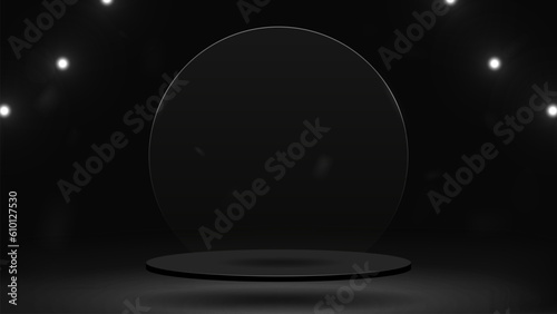 Glossy black podium with a shiny glass circle. A platform for displaying cosmetics.