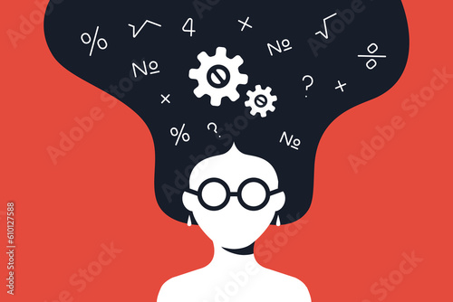 the girl solves a mathematical problem in her head. flat vector illustration.