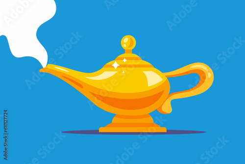 magic golden lamp with genie from arabian night. flat vector illustration.