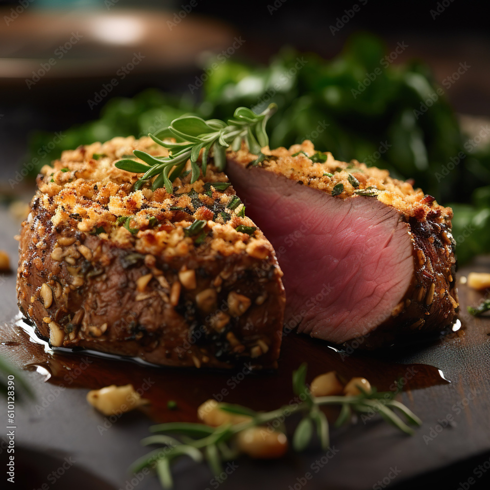 Rinderfilet mit Senf-Kräuter-Kruste. Saftiges Rinderfilet, das mit ...