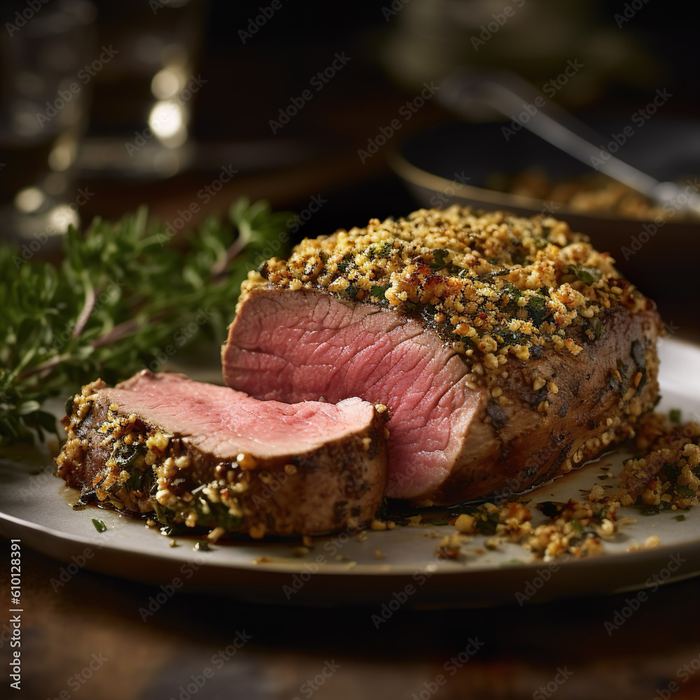 Ilustração do Stock: Rinderfilet mit Senf-Kräuter-Kruste. Saftiges ...