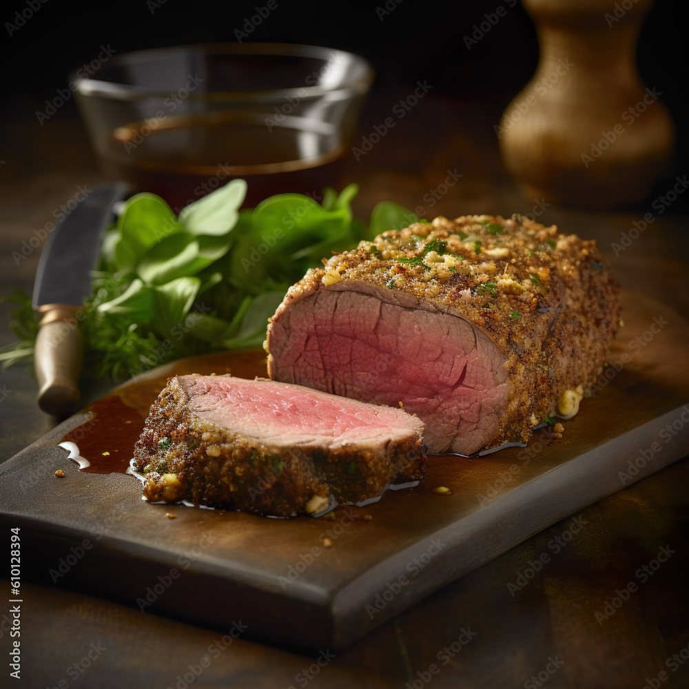 Rinderfilet mit Senf-Kräuter-Kruste. Saftiges Rinderfilet, das mit ...