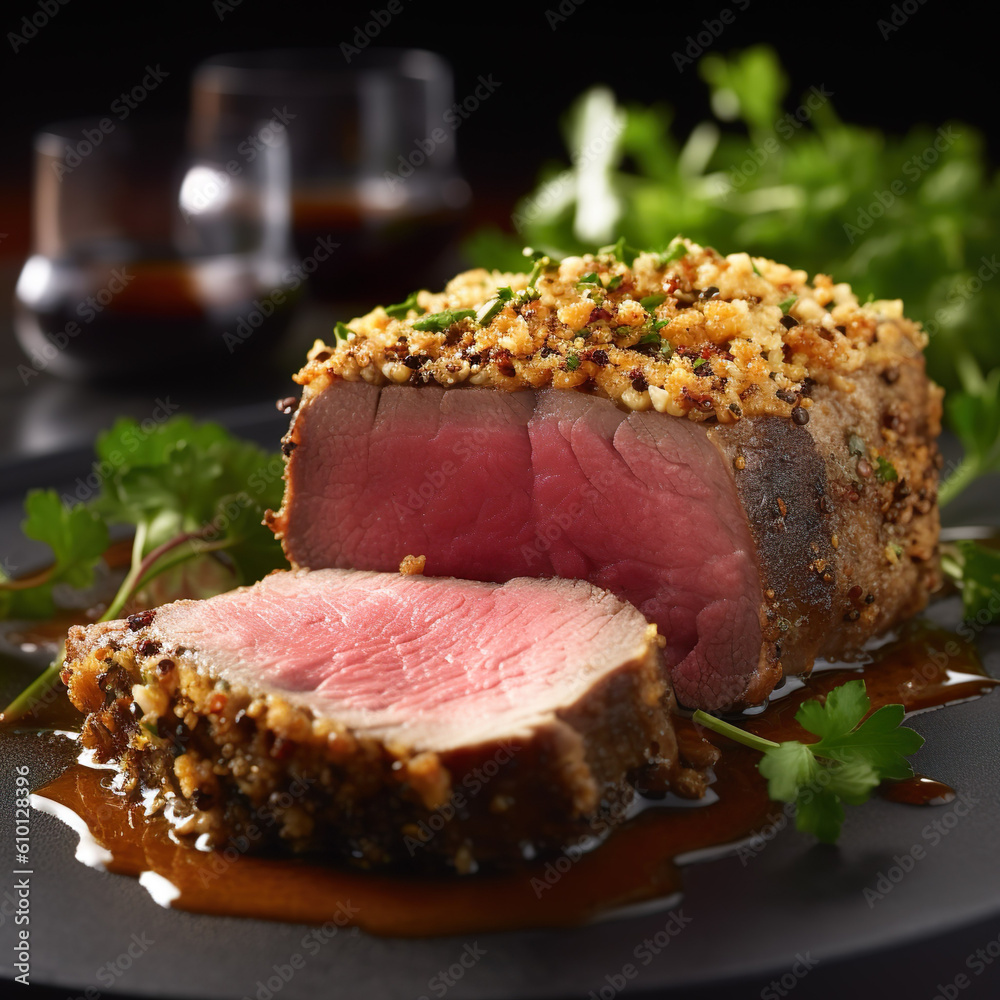 Rinderfilet mit Senf-Kräuter-Kruste. Saftiges Rinderfilet, das mit ...