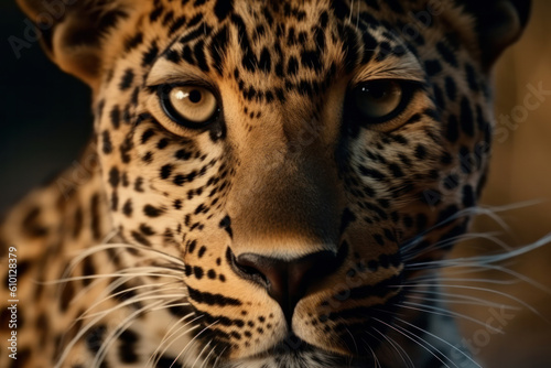 A breathtaking image of a leopard's intense blue eyes, reflecting the wildness and danger of the animal. AI Generative © sorapop