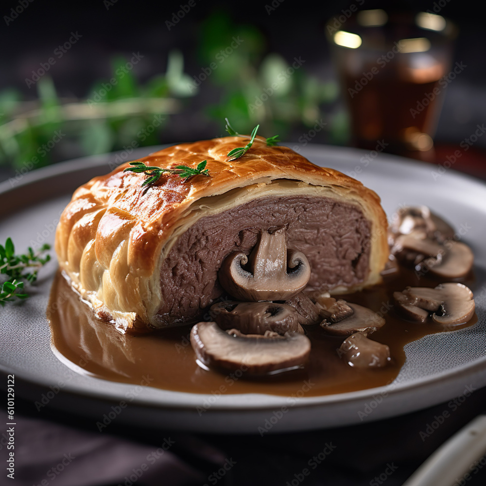 Rinderfilet Wellington. Zartes Rinderfilet mit einer Schicht aus Pilz ...