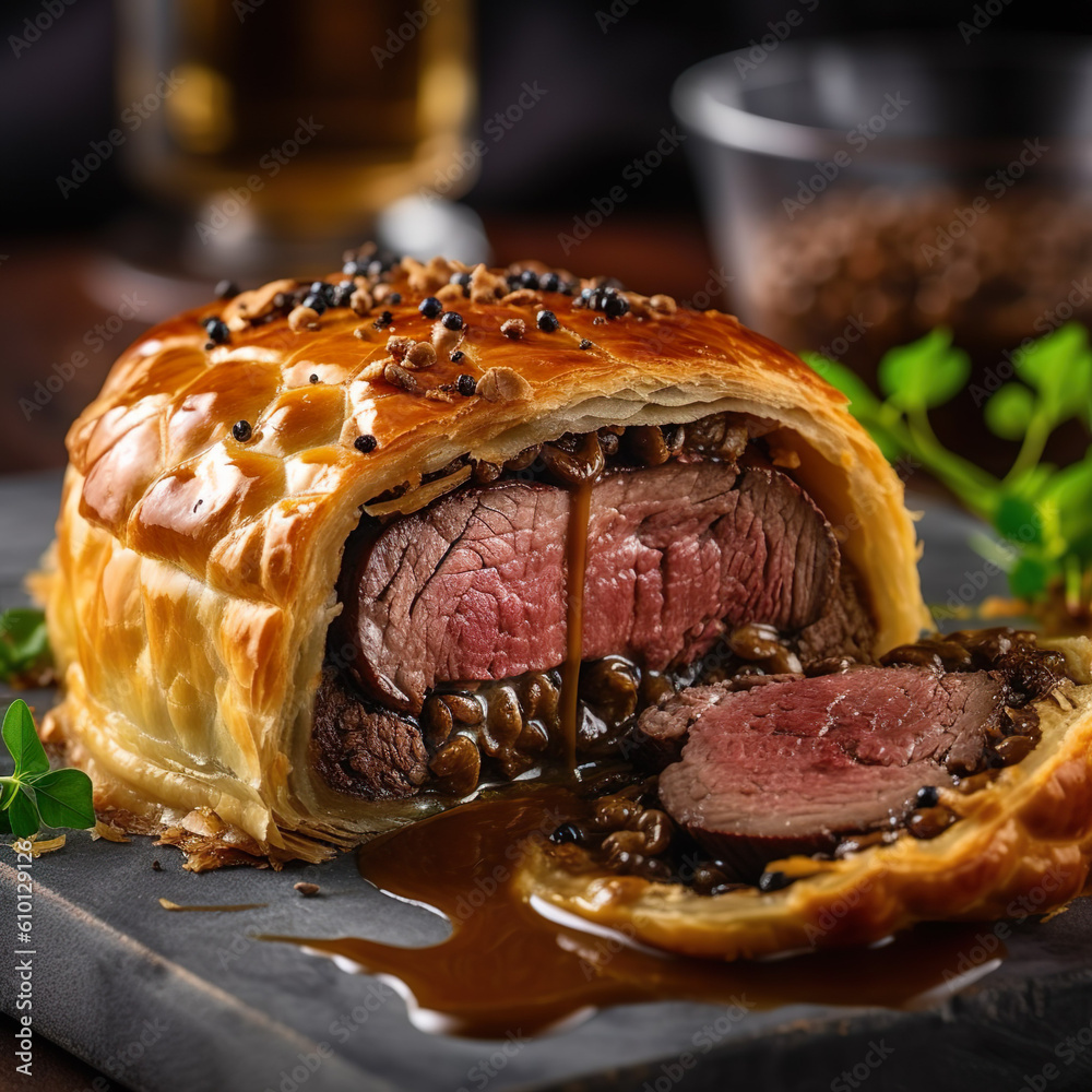 Rinderfilet Wellington. Zartes Rinderfilet mit einer Schicht aus Pilz ...