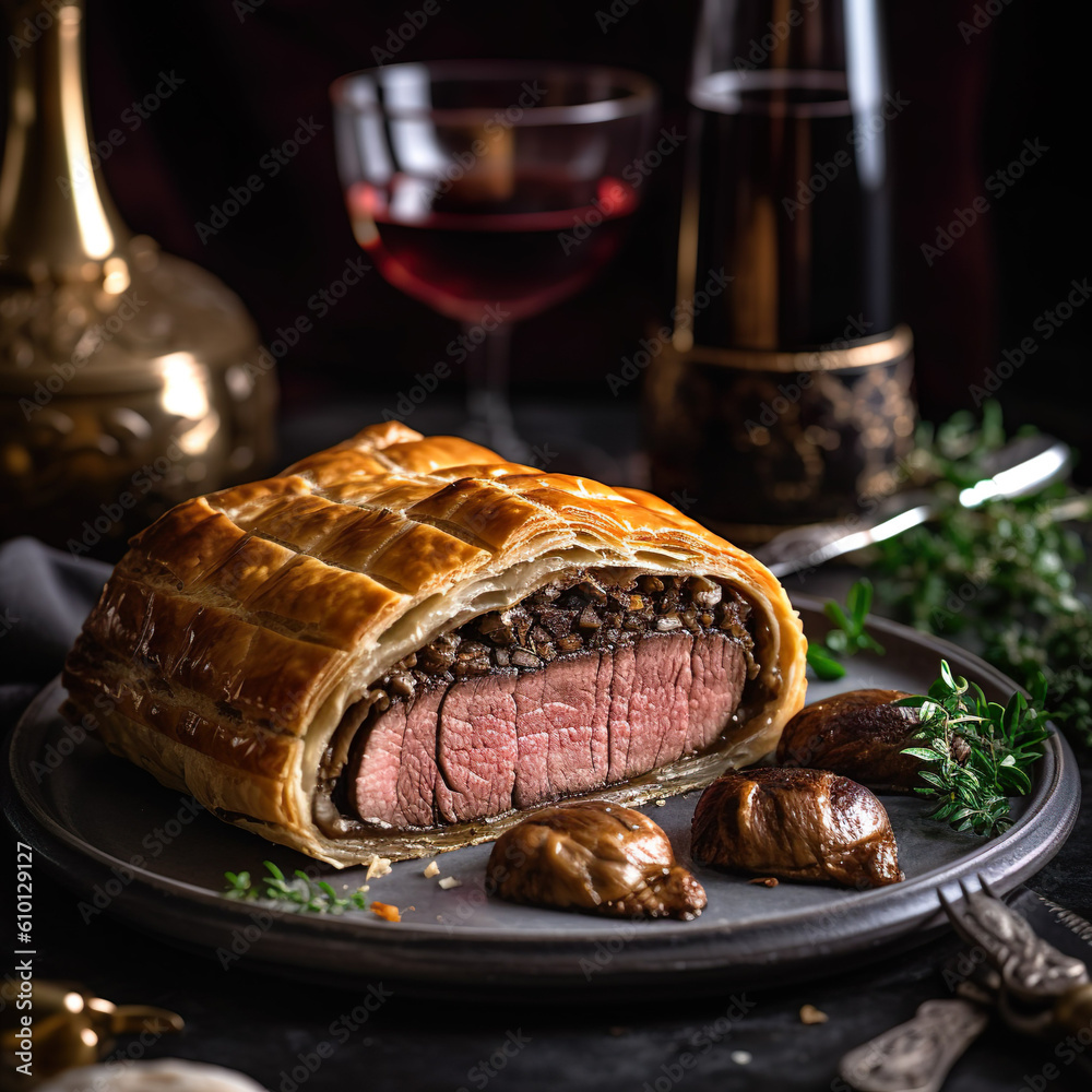 Rinderfilet Wellington. Zartes Rinderfilet mit einer Schicht aus Pilz ...