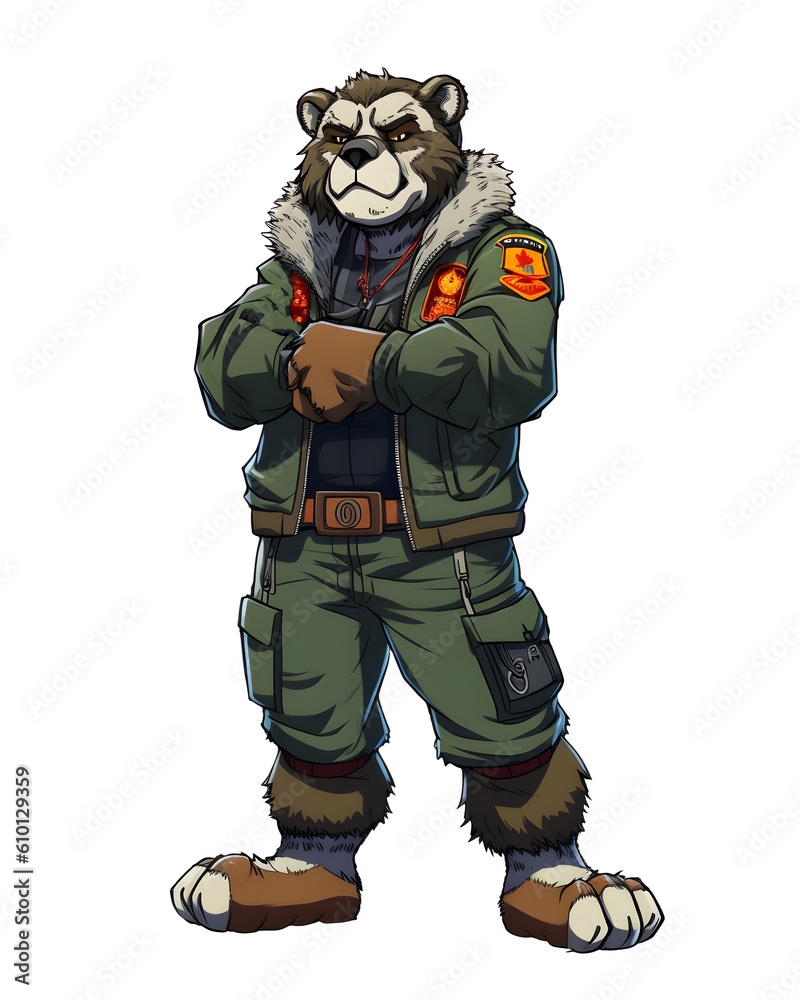 Fototapeta premium illustration of a soldier bear, transparent background, png, t-shirt design, sticker, clipart, Generative AI, 