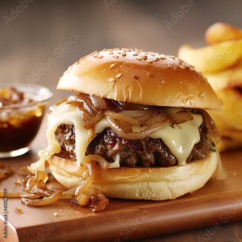 Savor a mouthwatering burger topped with melted Swiss cheese and caramelized onions, Generative AI
