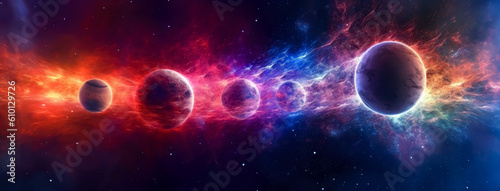 Planets in space with starry backgrounds of purple and red, nebula galaxy, colorful fantasy, sci-fi. Generative Ai.