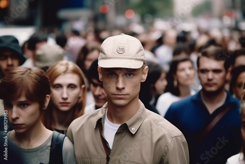 handsome white male in hat, spy villain aliens on watch, police undercover, lurking in crowds, AI generated