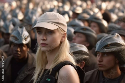 beautiful blonde in a hat, spy villain aliens army on watch, police undercover, lurking in crowds, AI generated