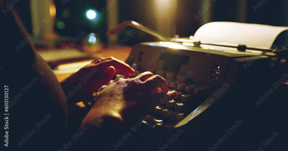 Typewriter, woman hands and night script writing of a writer in a office with paper. Journalist, female worker and document of a person in dark with professional with story on vintage and retro press