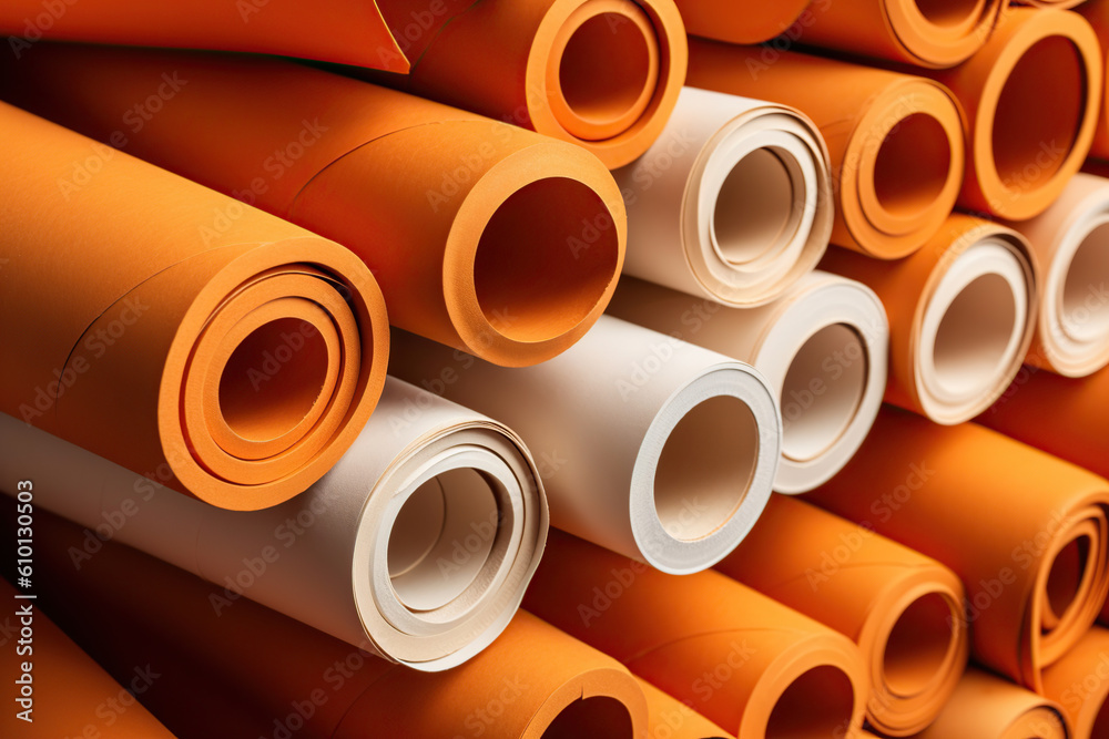 Wallpaper rolls, orange and white paper, photo studio. Generative IA. Wallpaper rolls, orange and white paper, photo studio. Generative IA.