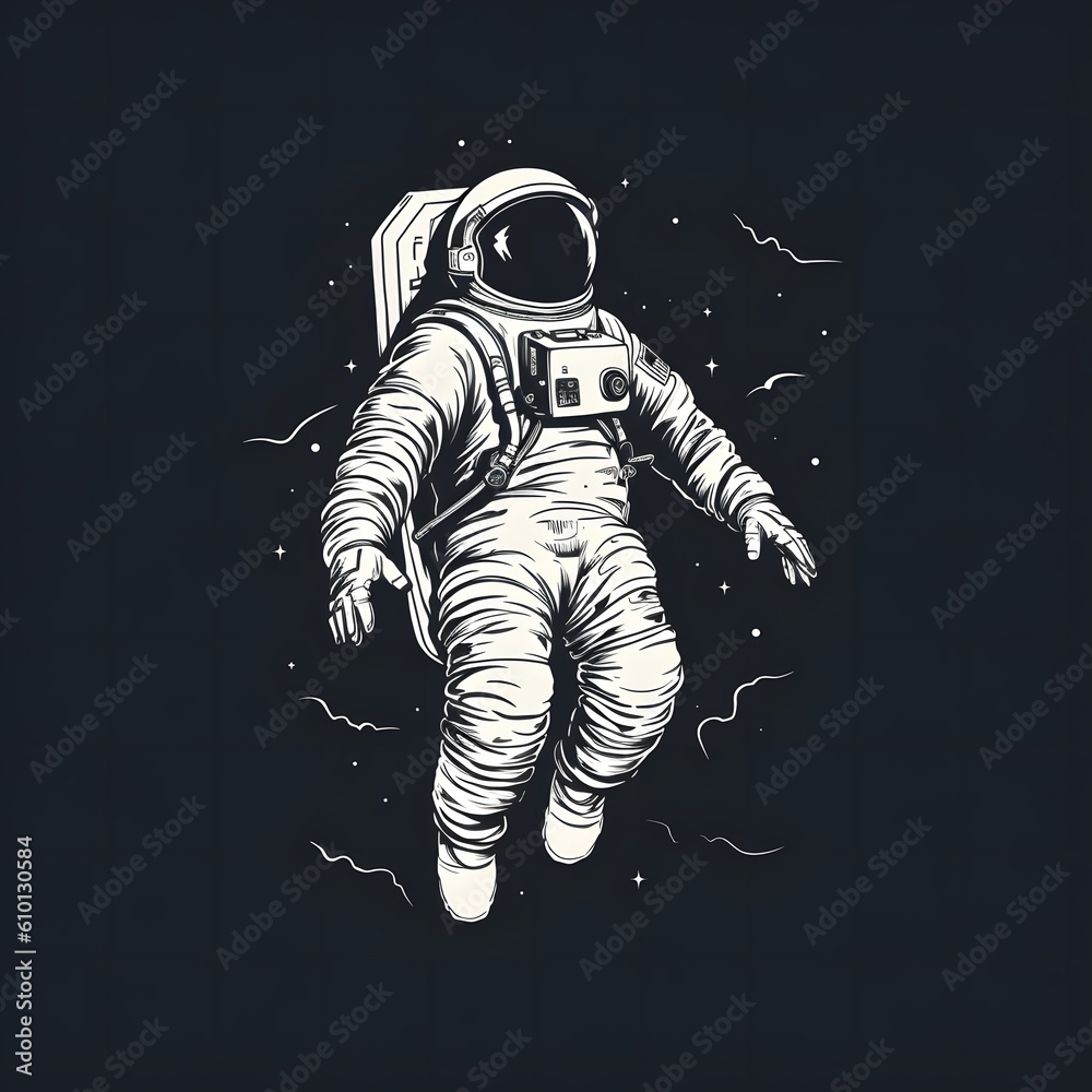 Black and white 2d illustration of astronaut in space Black and white 2d illustration of astronaut in space