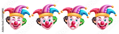 Clown characters vector set design. Birthday clown, buffoon, mascot and comedian with happy, smiling and naughty face. Vector illustration cartoon character collection.  