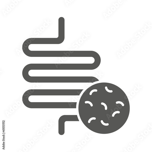 Intestine with bacteria line icon. Irritable bowel syndrome, constipation, intestinal obstruction symbol. Vector illustration. Stock image.