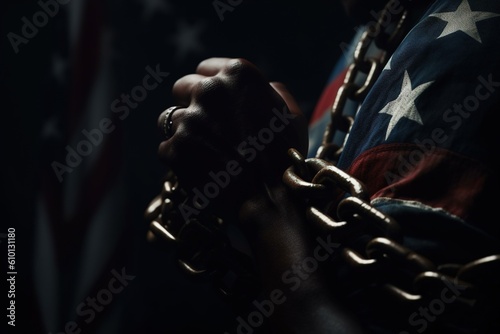 Black Lives Matter. The problem of culture, racism, and the descrImination of slavery. Juneteenth Emancipation Day. June 19. Freedom of Glosa Rights , fist of the chain Afro-American. photo
