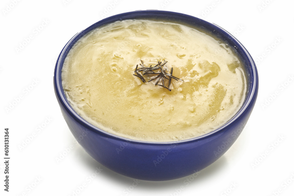 manioc broth (Creme de mandioca), cassava cream or cassava soup, typical Brazilian food, typically Brazilian cuisine, on white background with selective focus manioc broth (Creme de mandioca), cassava cream or cassava soup, typical Brazilian food, typically Brazilian cuisine, on white background with selective focus