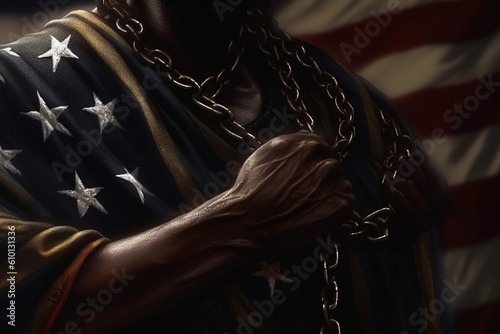 Black Lives Matter. The problem of culture, racism, and the descrImination of slavery. Juneteenth Emancipation Day. June 19. Freedom of Glosa Rights , fist of the chain Afro-American. photo