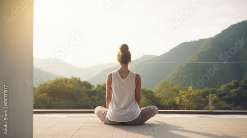 Young girl or people pose balance body vital zen and meditation for workout nature mountain background in morning day. Generative AI