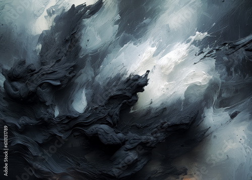 Paint brush, a black, white and yellow painting, aerial view, snow scenes, abstraction-création, dark white and dark azure, outdoor art. Generative Ai.