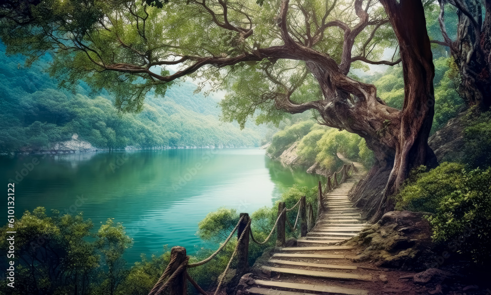 Obraz premium Path leads to a lake filled with trees, landscapes, mountainous vistas, Forest and lake with misty sky, in the style of photo-realistic landscapes. Generative Ai.