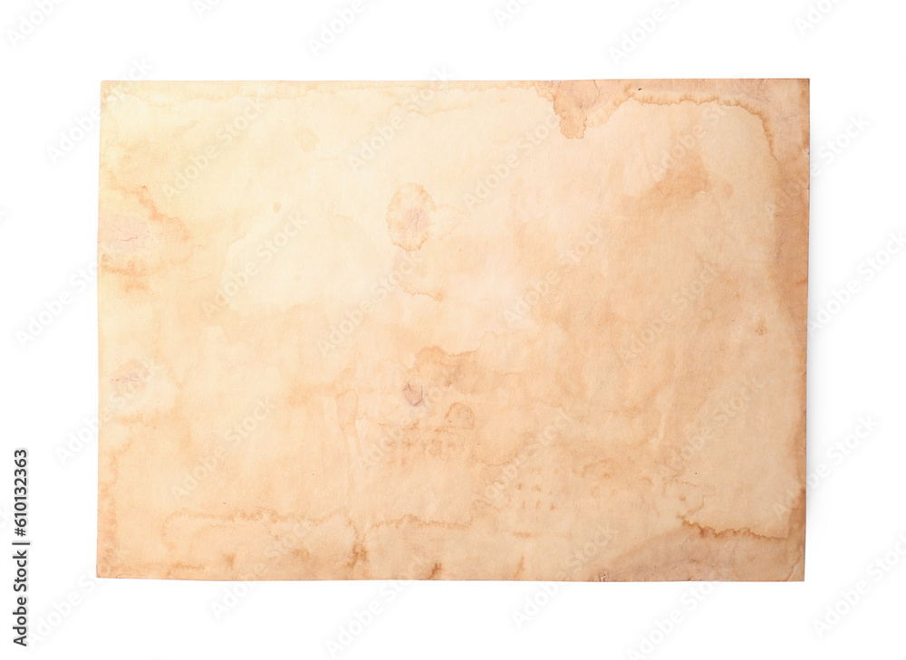 Sheet of old parchment paper on white background, top view