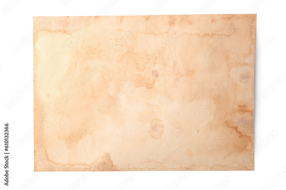 Sheet of old parchment paper on white background, top view