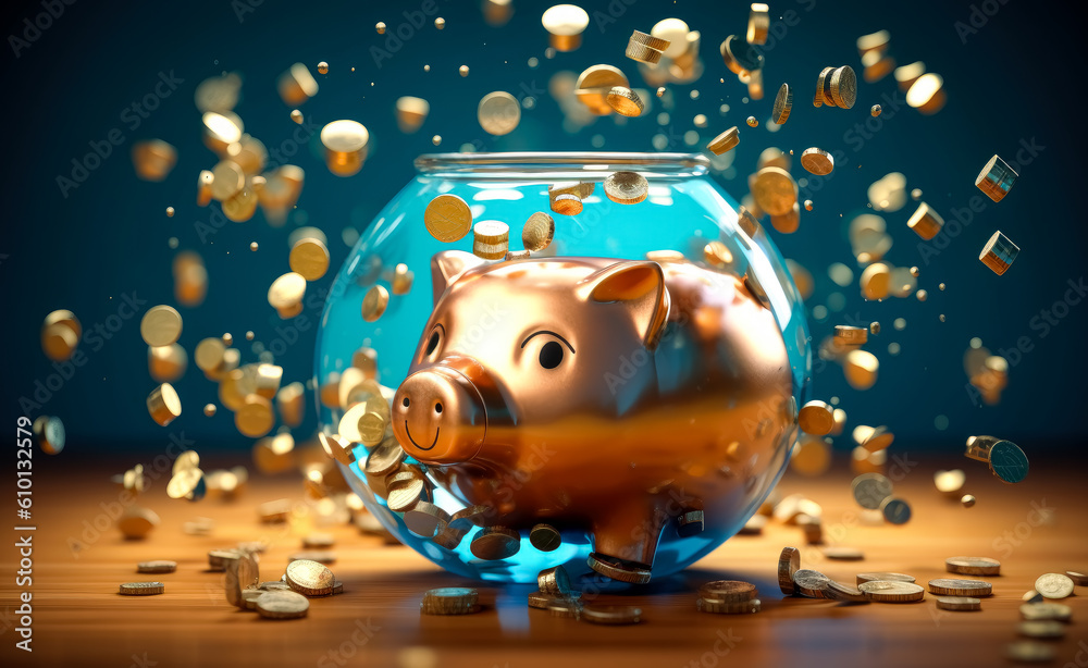 Piggy bank with gold coins flying in the air, blue background, blue ...