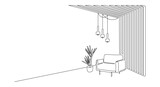 One continuous line drawing of design interior with armchair and wood slat walls. Hygge scandinavian decor and soft furniture chair in simple linear style. Editable stroke. Doodle vector illustration