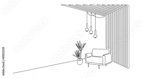 One continuous line drawing of design interior with armchair and wood slat walls. Hygge scandinavian decor and soft furniture chair in simple linear style. Editable stroke. Doodle vector illustration