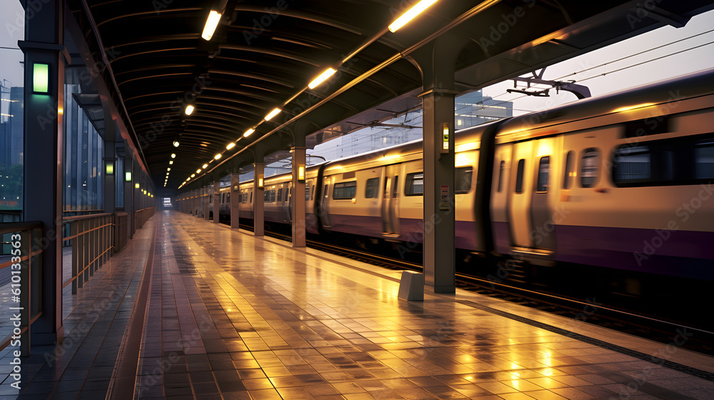 Subway train in motion. Generative AI. Subway train in motion. Generative AI.