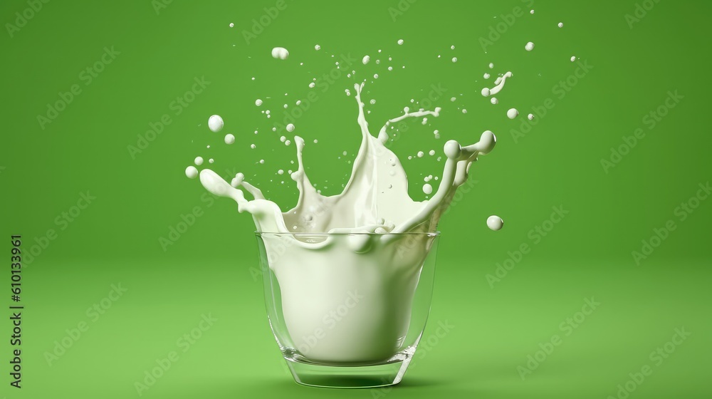 Milk is splash out from the glass after pouring from the top side view green background Milk is splash out from the glass after pouring from the top side view green background