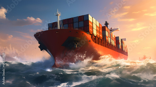 Cargo ship in the sea. Generative AI.