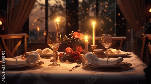 Romantic candle night dinner for two people with two wine glass and full dinner table setup with beautiful boka light at the eventing photo