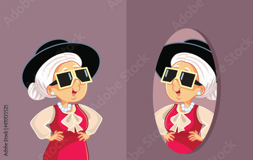 Older Woman Wearing Fashionable Clothes Looking in the Mirror Vector Cartoon. Senior lady feeling stylish and cool admiring herself
