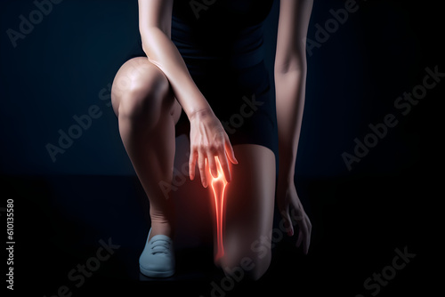 Woman suffering from knee pain, training injury and osteoarthritis, tendon problems and joint inflammation on dark background 