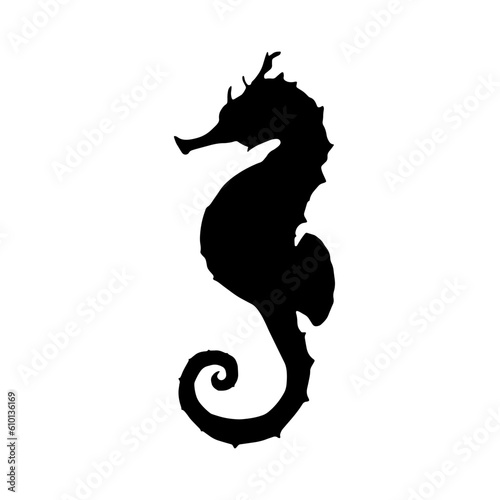 Black silhouette of a seahorse isolated on a white background.