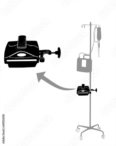 Illustration of a blood & fluid warming system mounted on an IV pole.