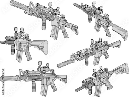 Vector illustration sketch of modern advanced combat war rifle