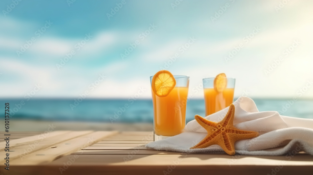 white towels and orange juice and starfish on white and blue wooden board with blur blue sea and sky. Generative Ai